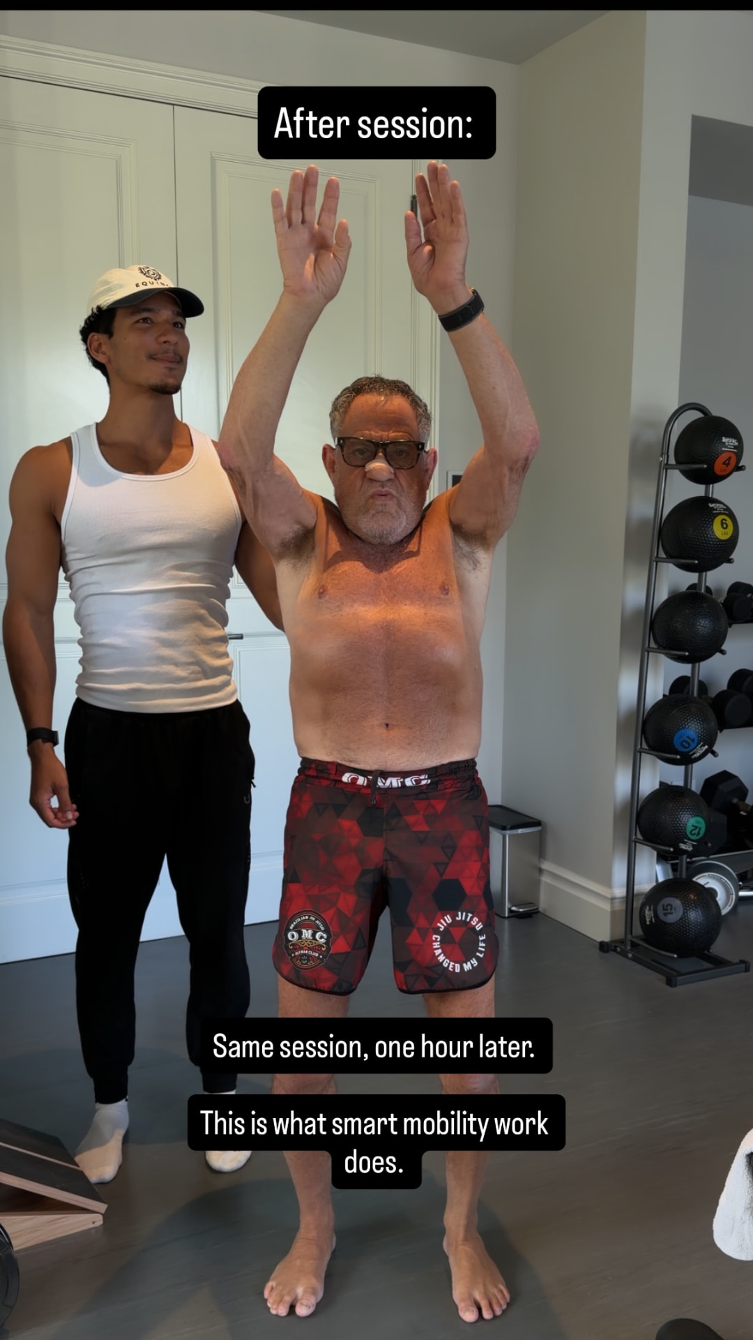 The same client one hour later with both arms reaching fully overhead